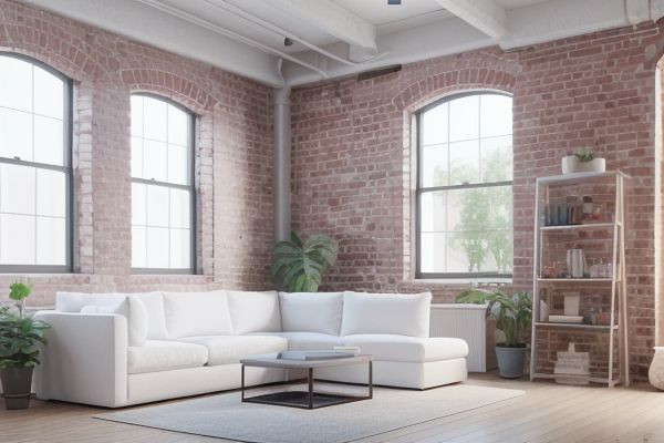 (loft) interior style, white brick walls, bright atmosphere